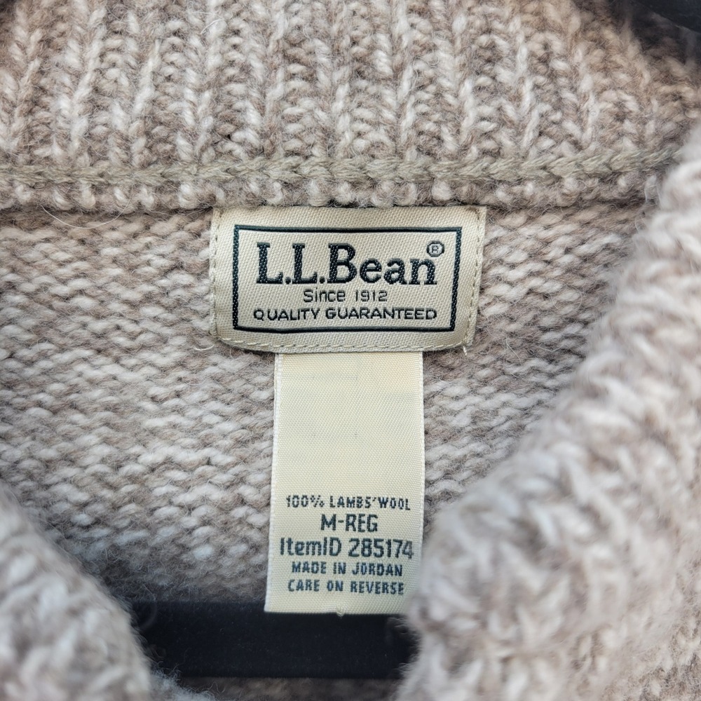 L.L. Bean Sweater Mens Medium Oatmeal Marl 100% Lambswool Chunky Knit Henley - Picture 4 of 8